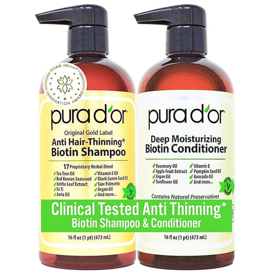 PURA D'OR Anti-Thinning Biotin Shampoo & Conditioner Original Gold Label Set (16oz x2) – CLINICALLY TESTED Formula for Volume, Strength & Thicker-Looking Hair – Helps Reduce Breakage For Women & Men | Deep Moisturizing, Conditioner, CLINICALLY TESTED, ...