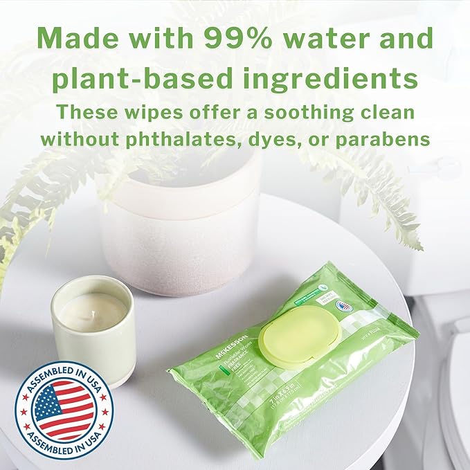 McKesson Flushable* Adult Wet Wipes – 96 Wipes (1 Pack of 96) – Aloe & Vitamin E, Plant-Based Cleansing Wipes, Scented