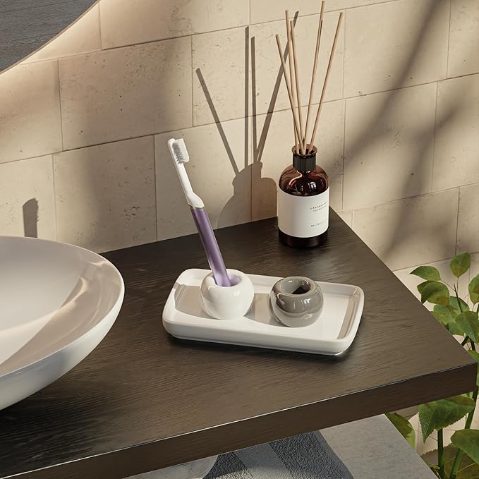 ELIKAI Ceramic Toothbrush Holder Set with Tray, Countertop Organizer for Bathroom, Storage Solution for Toothbrushes, Bathroom Accessories - (Grey & White) – 2 Pack