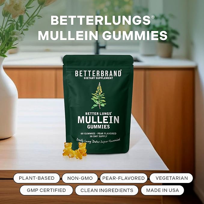 Betterbrand Mullein Chewable Gummies for Lung Cleanse and Detox, Respiratory Health Supplement, 1000mg Mullein Extract per Serving, 60 Gummies - 30 Day Supply - Pear Flavored