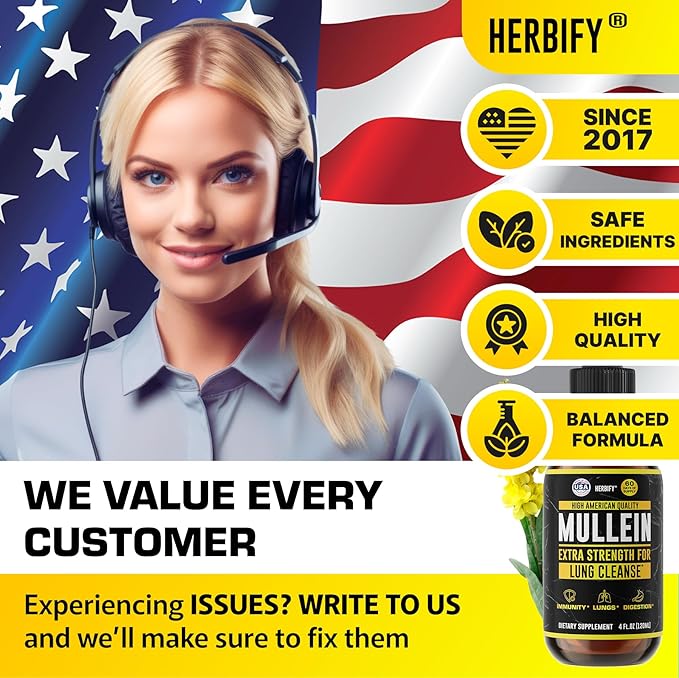 HERBIFY Mullein Drops - Lung Cleanse - Leaf Extract - Powerful Mullein for Immune Support,Detox & Respiratory Support - Made in USA - Lung Cleanse for Smokers - 4 Oz