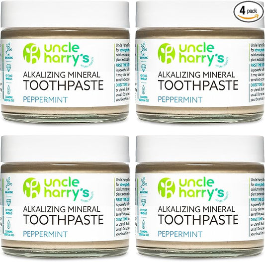 Uncle Harry's Peppermint Remineralizing Toothpaste | Natural Whitening Tooth Paste Freshens Breath & Promotes Enamel | Vegan Fluoride Free Toothpaste (4 Pack)