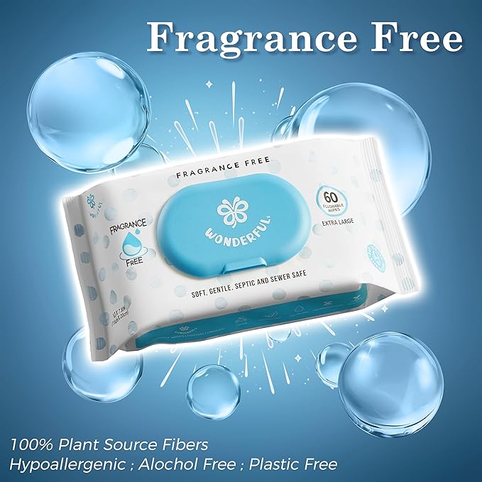WONDERFUL Flushable Butt Wipes, Unscented 100% Plant-Based Wet Wipes for Adults & Kids, Sewer & Septic Safe, Gentle for Sensitive Skin, Wipes Flushable Pack for Bathroom & Travel, 1-Pack (60 Wipes)