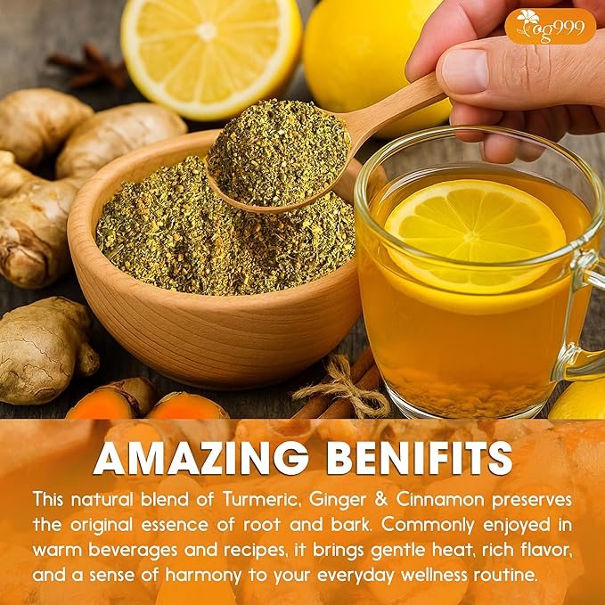 TOG999, Premium 12oz/200 cups Ginger Turmeric Cinnamon Loose Leaf Herbal Tea. Improve Digestion, Support Brain, Weight, Skin and Sleep. Premium Quality Spiced Blend. No Sugar, No Caffeine, No Gluten, Vegan.