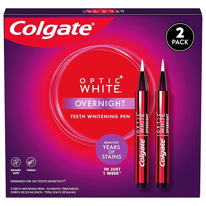 Colgate Optic White Overnight Teeth Whitening Pen, Enamel Safe and Vegan, Teeth Stain Remover to Whiten Teeth, Teeth Whitening for Sensitive Teeth, 35 Nightly Treatments Per Pen, 0.08 Oz,2 Pack