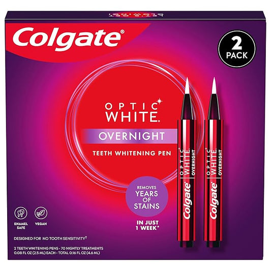 Colgate Optic White Overnight Teeth Whitening Pen, Enamel Safe and Vegan, Teeth Stain Remover to Whiten Teeth, Teeth Whitening for Sensitive Teeth, 35 Nightly Treatments Per Pen, 0.08 Oz,2 Pack