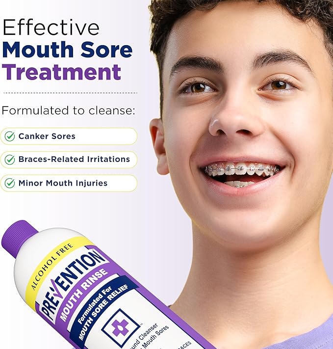 Prevention Mouth Sore Mouth Rinse, Canker Sore Treatment, Oral Pain Relief Mouthwash for Ulcers and Sores, Braces, with Hydrogen Peroxide, Alcohol-Free, Fluoride Free, 16 oz, Soothing Mint, 2 Pack