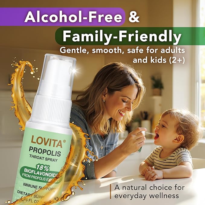 Lovita Bee Propolis Throat Spray, 18% Bioflavonoids, Alcohol-Free, Immune Support, Throat Soothing, Antioxidant, Gentle Taste, 1 Fl Oz (Pack of 1)