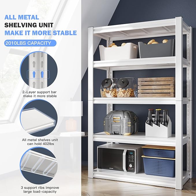 Raybee Garage Shelving Heavy Duty White Garage Storage Shelves 2010LBS Adjustable Heavy Duty Metal Shelving Metal Shelves for Kitchen Pantry 63" X32.1" X16.6", 3 Pack