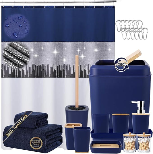 Bathroom Accessories Set with Sequin Shower Curtain, Navy Blue Bathroom Set with Trash Can,Towel Set,Shower Curtain Set