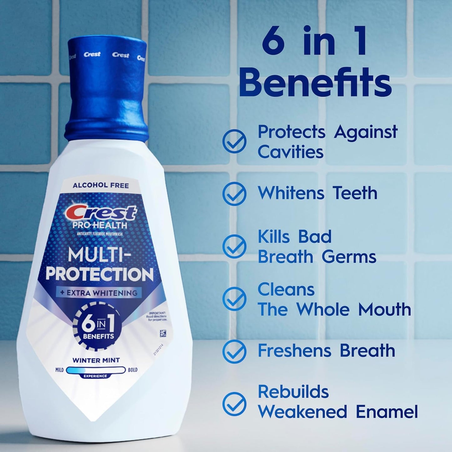 Crest Pro-Health Mouthwash, Teeth Whitening for Adults, 6 in 1 Benefits, Breath Freshener, 946mL, 2 Pack, Alcohol Free Mouth Rinse, Anti Cavity, Enamel Repair, Bad Breath Treatment, Mint Flavor