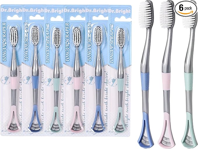 2IN1 Toothbrush Medium with Tongue Scraper, Medium Toothbrushes for Adults, Travel Toothbrushes with Ergonomic Handle, Assorted Colors, 6 Pack