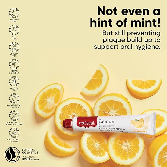 Red Seal Herbal & Mineral Fluoride Free Lemon Toothpaste - Mint Free Toothpaste for Adults - Vegan Friendly, Cruelty Free, No Artificial Colors or Flavors, NATRUE Certified Natural, SLS Free, 3.53 oz