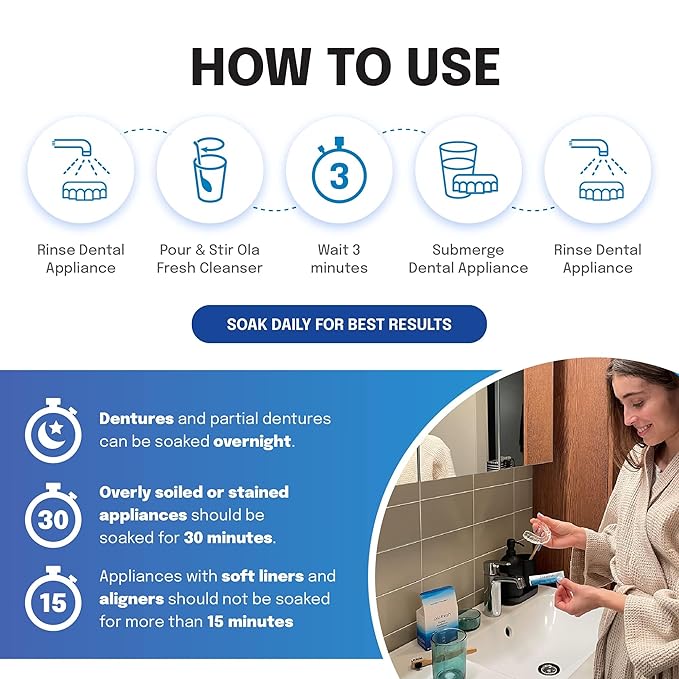 Ola Fresh Dental Appliance Cleanser, Professional Denture and Retainer Powder Cleanser (Mint Essence Flavor, 24 Packets, 3 Month Supply)