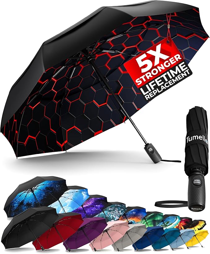 TUMELLA Strongest Windproof Travel Umbrella (Compact, Superior & Beautiful), Small Strong but Light Portable and Automatic Folding Rain Umbrella, Durable Premium Grip, Fits Car & Backpack