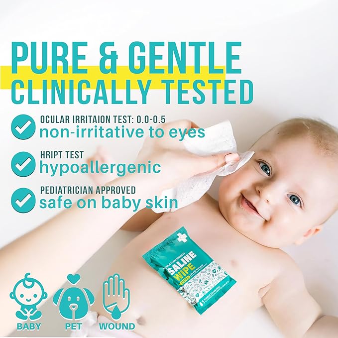 Saline Wipes | 80 Pcs Sterile Wet Towelettes Formulated for Sensitive Skin | Nose, Piercing Aftercare, Baby & Kids | No-sting Alcohol-Free Wipes with Aloe Vera | 6" x 8" Extra Large Sheet
