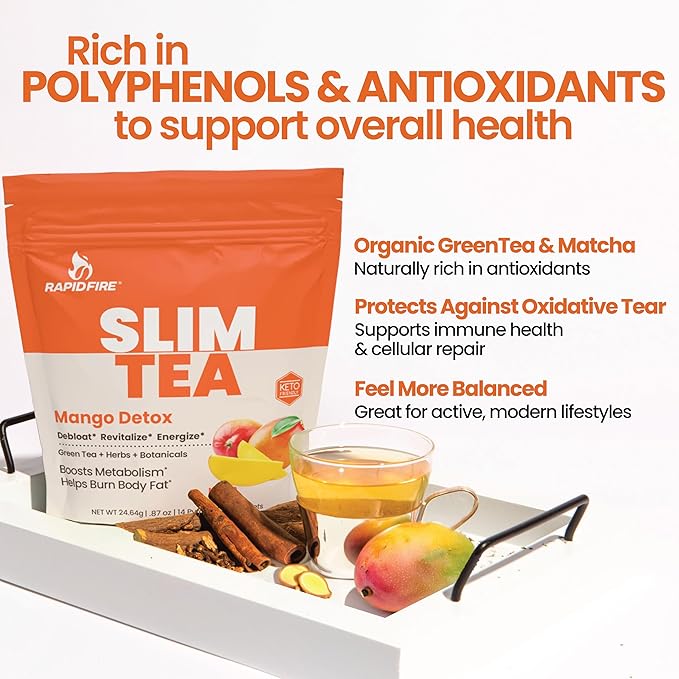 Rapid Fire Slim Tea Bags, Blend of Natural Herbs and Botanicals, Promotes Energy and Digestion, Supports Metabolism, 14 Servings Mango Flavor