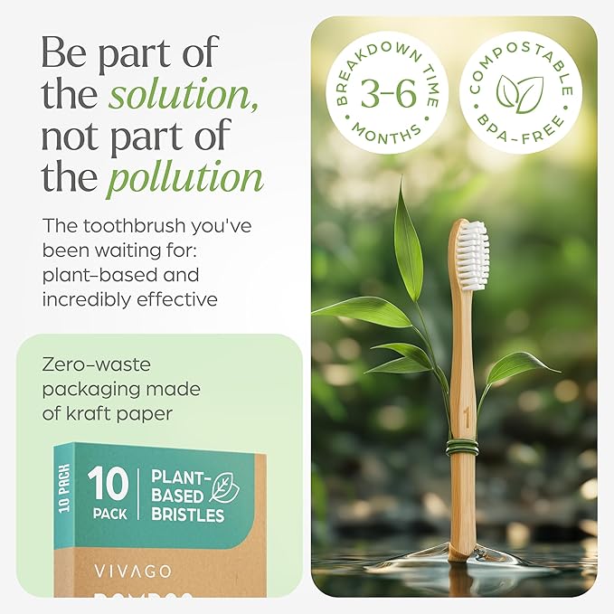 Bamboo Toothbrushes 10 Pack – Natural Toothbrushes, Plant-Based Soft Bristles – Eco-Friendly Wooden Toothbrush
