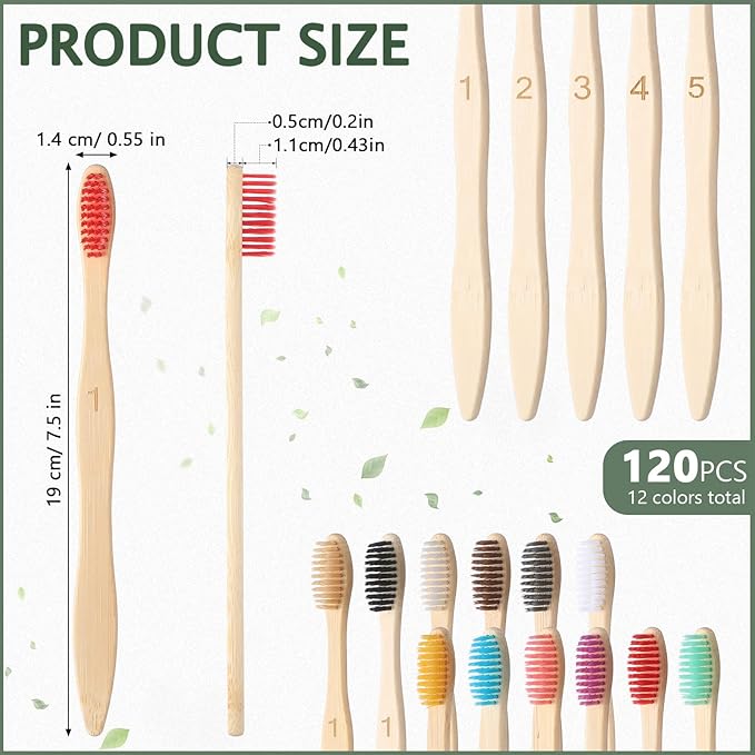 Sieral 120 Pcs 120 Pcs Bamboo Toothbrushes Bulk Soft Bristle Individually Wrapped Travel Toothbrush Eco Friendly Natural Wooden Tooth Brush for Kid Adult Home Travel Use, 7.5 Inch, 12 Colors (Number)