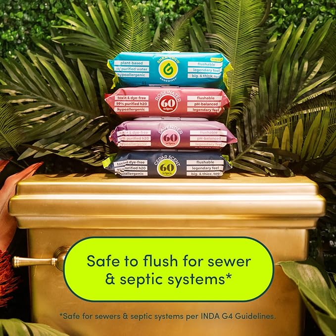 goodwipes Flushable Butt Wipes Made with Vitamin E & Aloe - Soft & Gentle Wet Wipe Dispenser for Home Use, Septic & Sewer Safe - Largest Adult Toilet Towelettes - Shea-Coco, 360 Count (6 Packs)