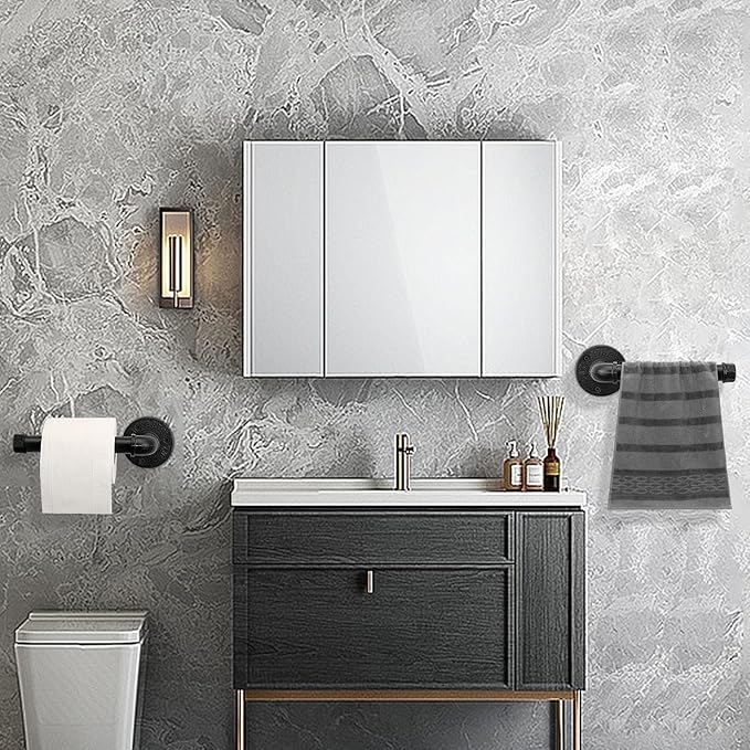 Industrial Pipe Toilet Paper Holder, Heavy Duty DIY Vintage Rustic Iron Farmhouse Style Roll Tissue Wall Mount Paper Holder Towel Racks with Hardware for Bathroom, Kitchen, Bedroom (1, Black)