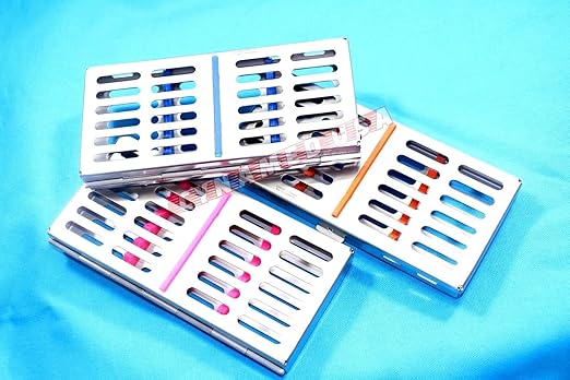 German Stainless 3 Dental Sterilization Cassette Rack Tray Box for 7 Surgical Instruments Set of 3 Colored