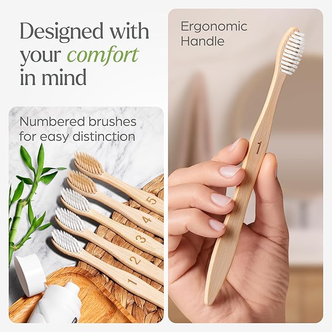 Soft Flossing Bamboo Toothbrushes 10 Pack - BPA Free Soft Bristles Toothbrushes for Adults, Natural Wooden Toothbrush