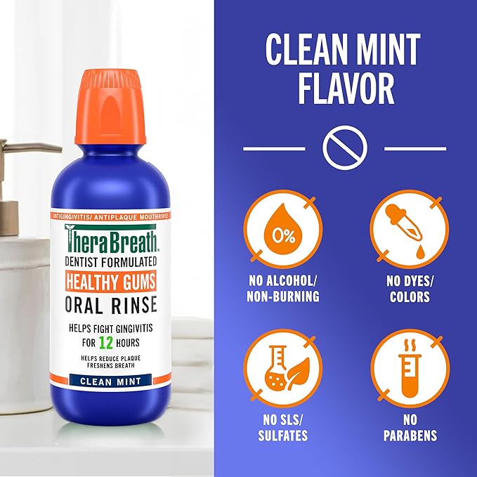 TheraBreath Healthy Gums Mouthwash Clean Mint, Antigingivitis, Dentist Formulated, 16 Fl Oz (2-Pack)