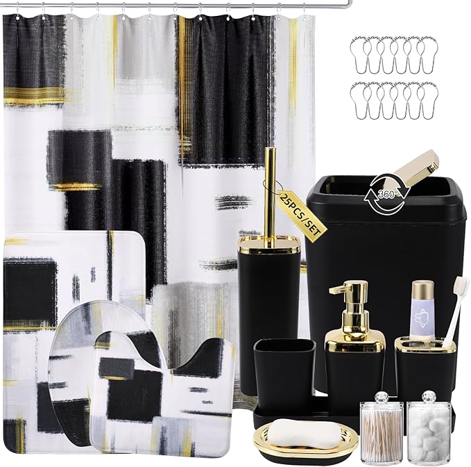 Bathroom Set - Black Bathroom Accessories Set, Bathroom Sets with Shower Curtain and Rugs, Black Shower Curtain Set with Bathroom Trash Can, Soap Dispenser, Soap Dish for Home Decor