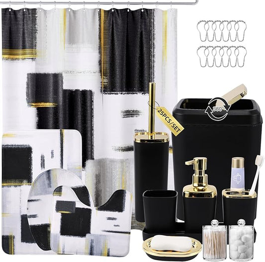 Bathroom Set - Black Bathroom Accessories Set, Bathroom Sets with Shower Curtain and Rugs, Black Shower Curtain Set with Bathroom Trash Can, Soap Dispenser, Soap Dish for Home Decor