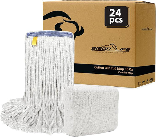 Pack of 24 Cut End Cotton Mop Head Replacement, 1.25-inch Universal Headband, Wet Mop Refills, Natural, 16 Oz