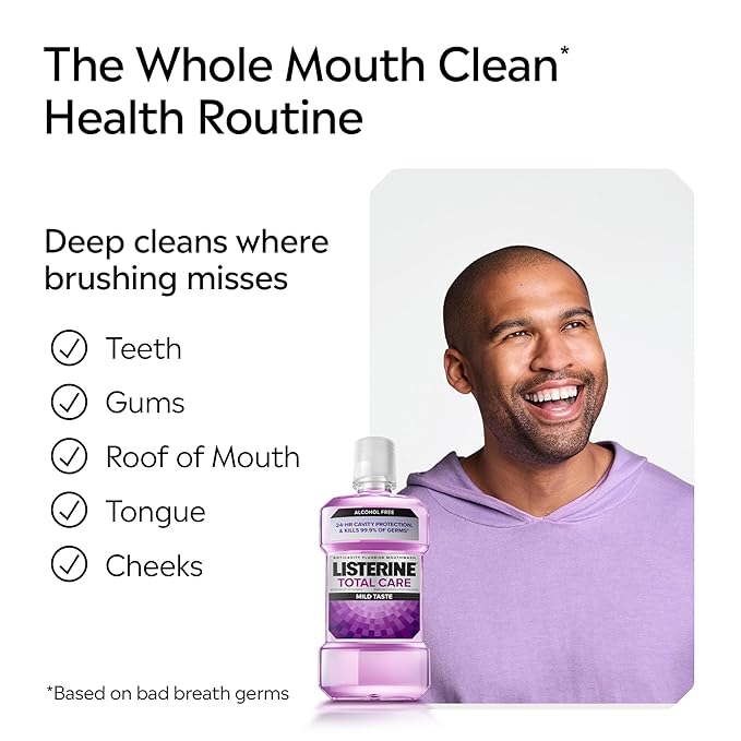 Listerine Total Care Alcohol-Free Anticavity Mouthwash, 6 Benefit Fluoride Mouthwash for Bad Breath and Enamel Strength, Fresh Mint Flavor, Twin Convenience Pack, 2 x 1 L