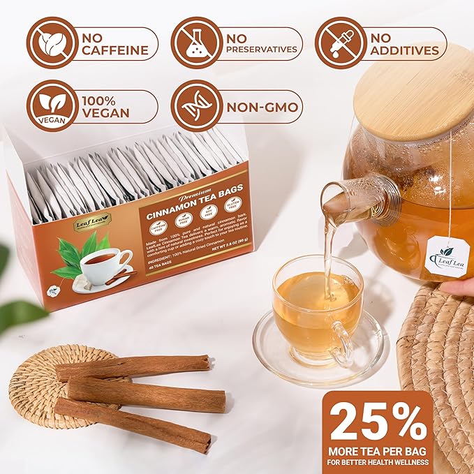 LeafLea 120 Cinnamon Tea Bags, Premium Herbal Tea with Ground Cinnamon Sticks, Spiced and Soothing Flavor for Relaxation, Caffeine-Free, Sugar-Free, Non-GMO, Vegan