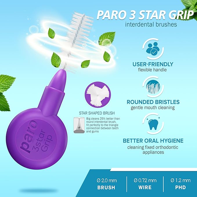 Paro Swiss 3Star-Grip Interdental Brushes – Medium-Coarse, Triangular, Violet, 7mm, 4x1 Pack – Deep Between Teeth Cleaning