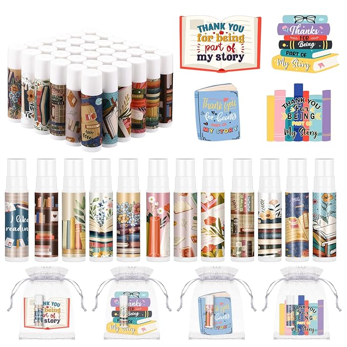 36 Set Book Lover Gift Book Club Lip Balm Thank You Tag Organza Bag Librarian Appreciation Gift for Women Reader Reading Bookworm Bookish Accessories Valentine's Day Birthday Favor