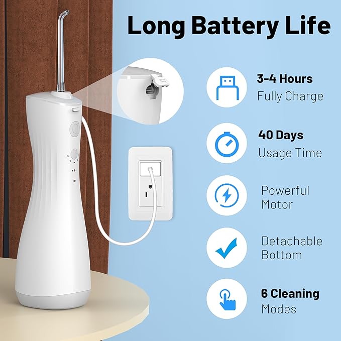 Power Water Flossers for Teeth Cleaning and Flossing, Water Dental Flosser Teeth Pick - Cordless Portable 6 Modes Oral Irrigator Dental, Rechargeable Travel Irrigation Cleaner IPX7 Waterproof (White)