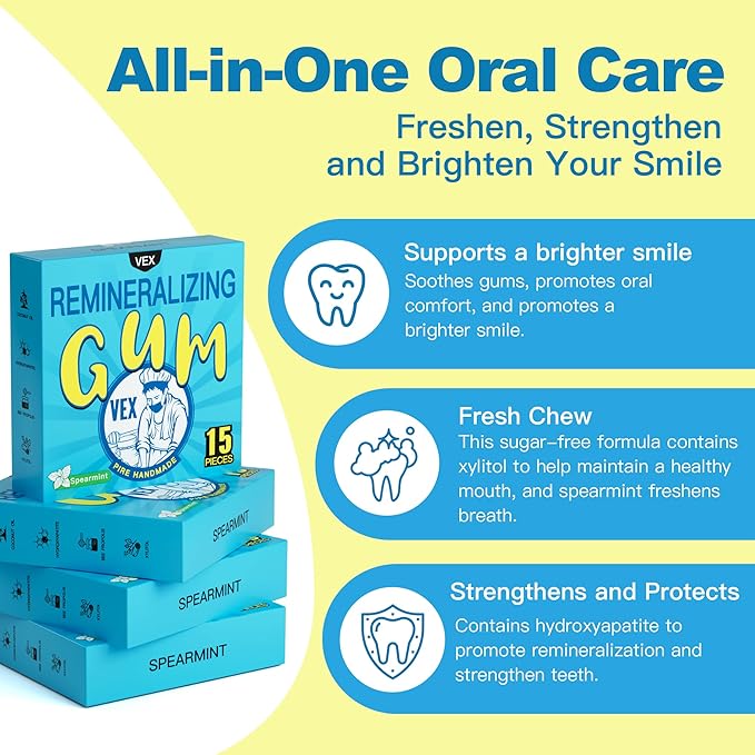 VEX Remineralizing Gum with Nano Hydroxyapatite Supports Fresh Breath and Oral Health, Xylitol Handmade Chewing Gum for Enamel Protection Sugar Free Aspartame Free Gluten Free (90, Mastic Mint)