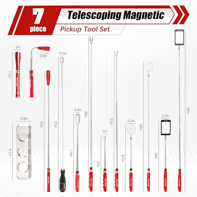 TOOLEAGUE 7Pcs Telescoping Magnetic Pickup Tool Set, Extendable LED Flashlight,Round & Square 360° Inspection Mirror for Men Mechanics, and Handymen, Red
