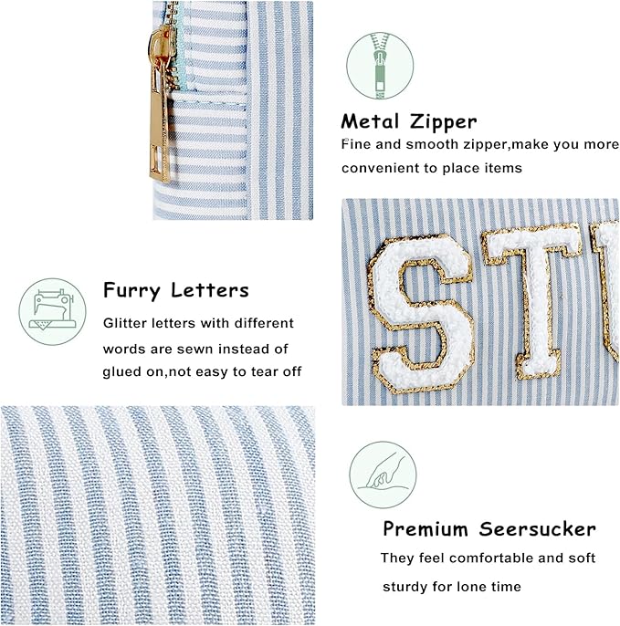 uekeboag Seersucker Chenille Letter Stuff Meds RX Makeup Bag, Travel Washable Purse Organizer with Zipper, Lightweight Toiletry Cute Personalized Preppy Cosmetic Bag For Women and Girls(03Blue Meds)