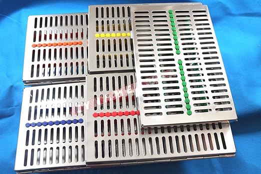 German Stainless 5 Dental Sterilization Cassette Rack Tray Box for 20 Instruments Set of 5 Color