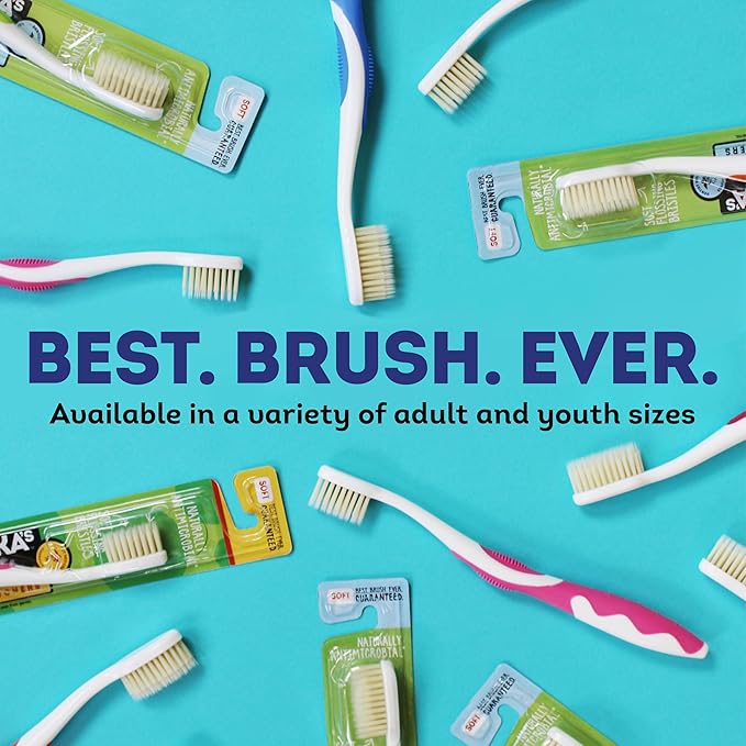 MOUTHWATCHERS Soft Flossing Toothbrushes for Kids, Yellow, Ultra Clean Manual Toothbrush for Sensitive Teeth & Gums, by Dr. Plotka