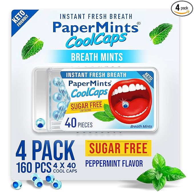 PaperMints CoolCaps Breath Mints | Sugar-Free, Gluten-Free | 4 Pack 160 Capsules | Halitosis & Bad Breath Treatment