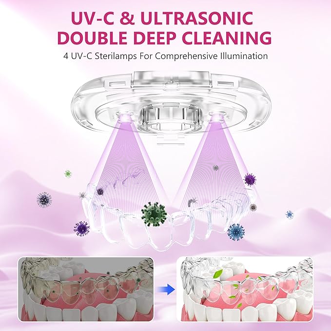 Sejoy 45kHz Ultrasonic Retainer Cleaner, U-V Double Denture Cleaning Machine with Digital Timer, Cleaner for Braces, Mouth Guards, Rings, Toothbrush