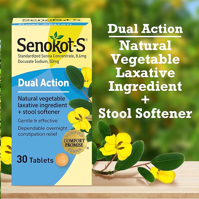 Senokot-S Dual Action 30 Tablets, Natural Vegetable Laxative Ingredient Plus Stool Softener Tablets, Gentle Dependable Overnight Relief of Occasional Constipation