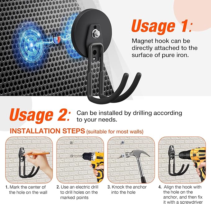 4Pack Large Strong Magnetic Hooks For Hanging Heavy Duty, 3.5in Neodymium Magnet Storage Utility Hooks, Industrial Magnet Hook Steel Long Magnetic Holder Hanger Organizer For Garage Garden Power Tools