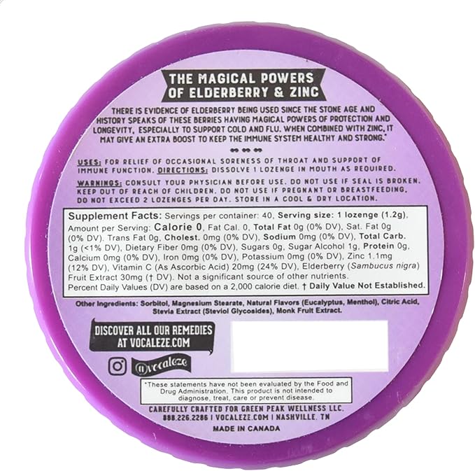 Vocal Eze Elderberry Mint with Vitamin C and Zinc (40) | Lozenges to Relieve Sore, Hoarse, Fatigue, Dryness of Throat | Voice Support, Sugar Free