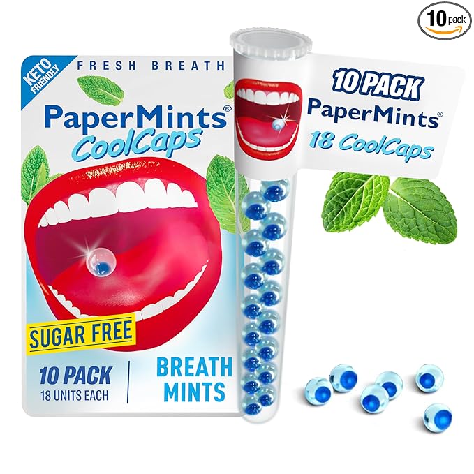 PaperMints CoolCaps - Instant Fresh Breath Mints Sugar-Free, 10 x Tubes of 18 capsules Extreme Bad Breath Treatment for Adults, Breath Freshener Pearls for Halitosis Treatment Keto-Friendly Peppermint