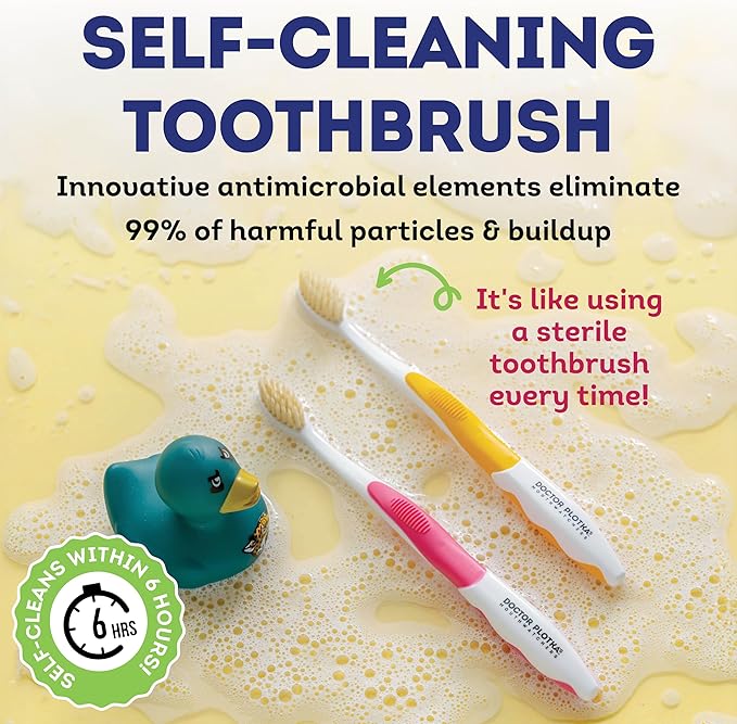 MOUTHWATCHERS Soft Childrens Flossing Manual Toothbrush, Set of 2, Blue Toothbrushes for Kids & Teens, Ultra Clean, by Dr. Plotka's