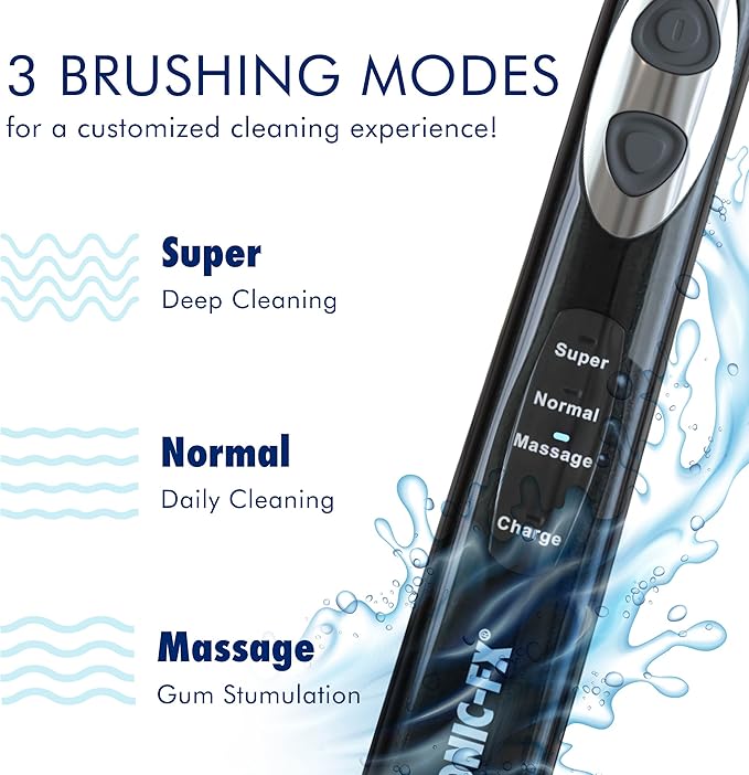 Sonic-FX Solo Electric Toothbrush - 3 Brushing Modes - with Intelligent Auto-Timer, Includes 2 Tooth Brush Heads, and 1 Interdental Head, Rechargeable, Electronic Charging/Storage Base (Black)