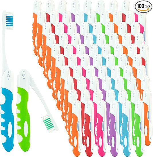 Bulk Portable Toothbrushes, Individually Wrapped, Manual Disposable Travel Toothbrush Set for Adults, Medium Soft Large Head, Multi Color Travel Toothbrush Kit (100 Pack - Medium)